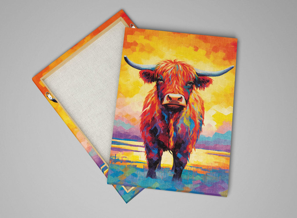 Highland Cow Canvas – Rustic Farmhouse Wall Art, Large Colorful Cow Painting