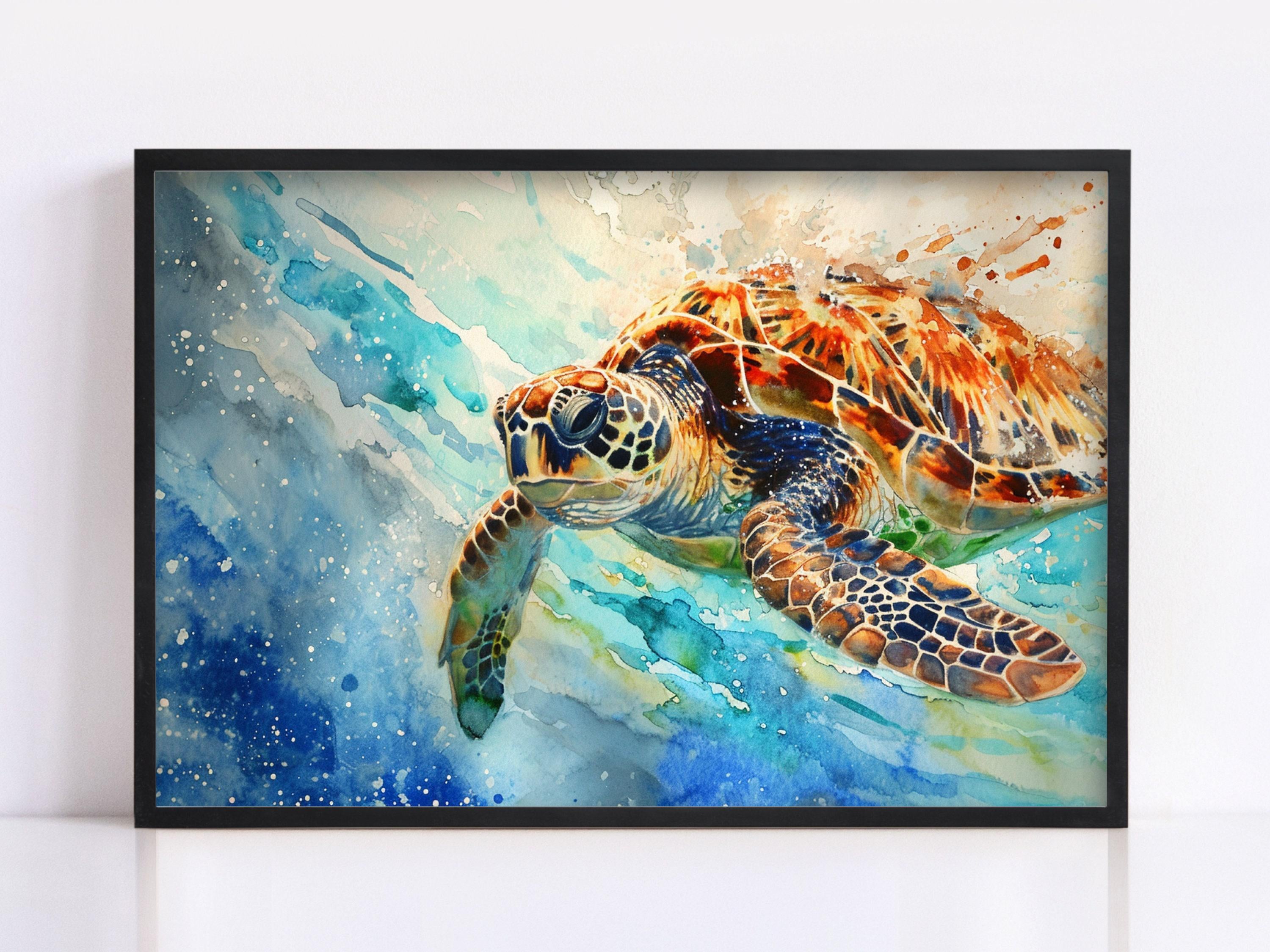 Vibrant Sea Turtle Watercolor – Oceanic Colors Wall Art, Print on Canvas, Artist Paper, Watercolor Paper, Available in Extra Large Sizes