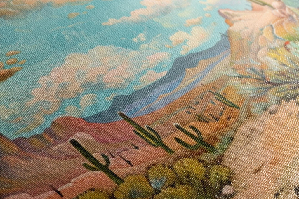 a painting of a desert scene with a wolf
