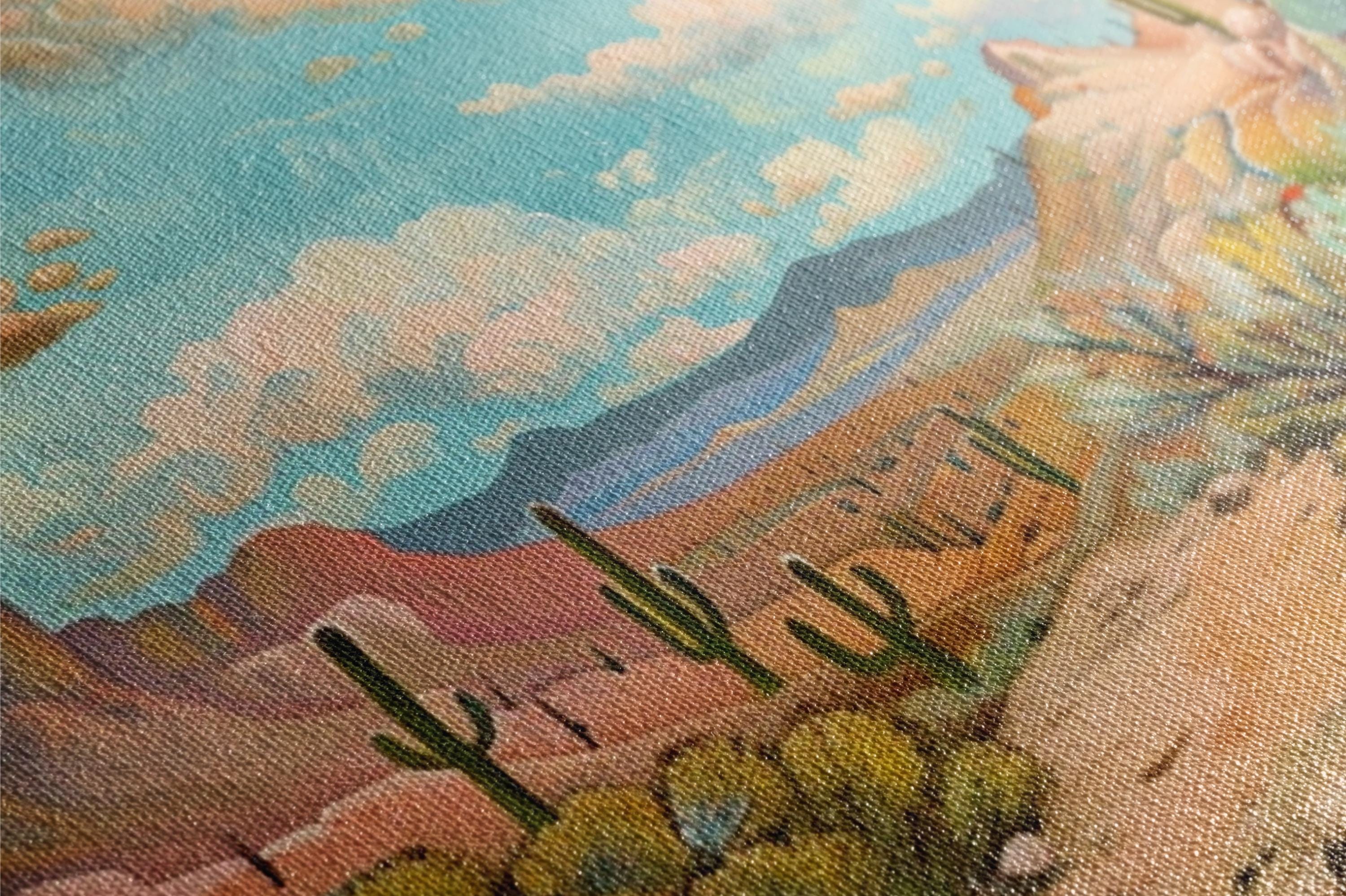 a painting of a desert scene with a wolf