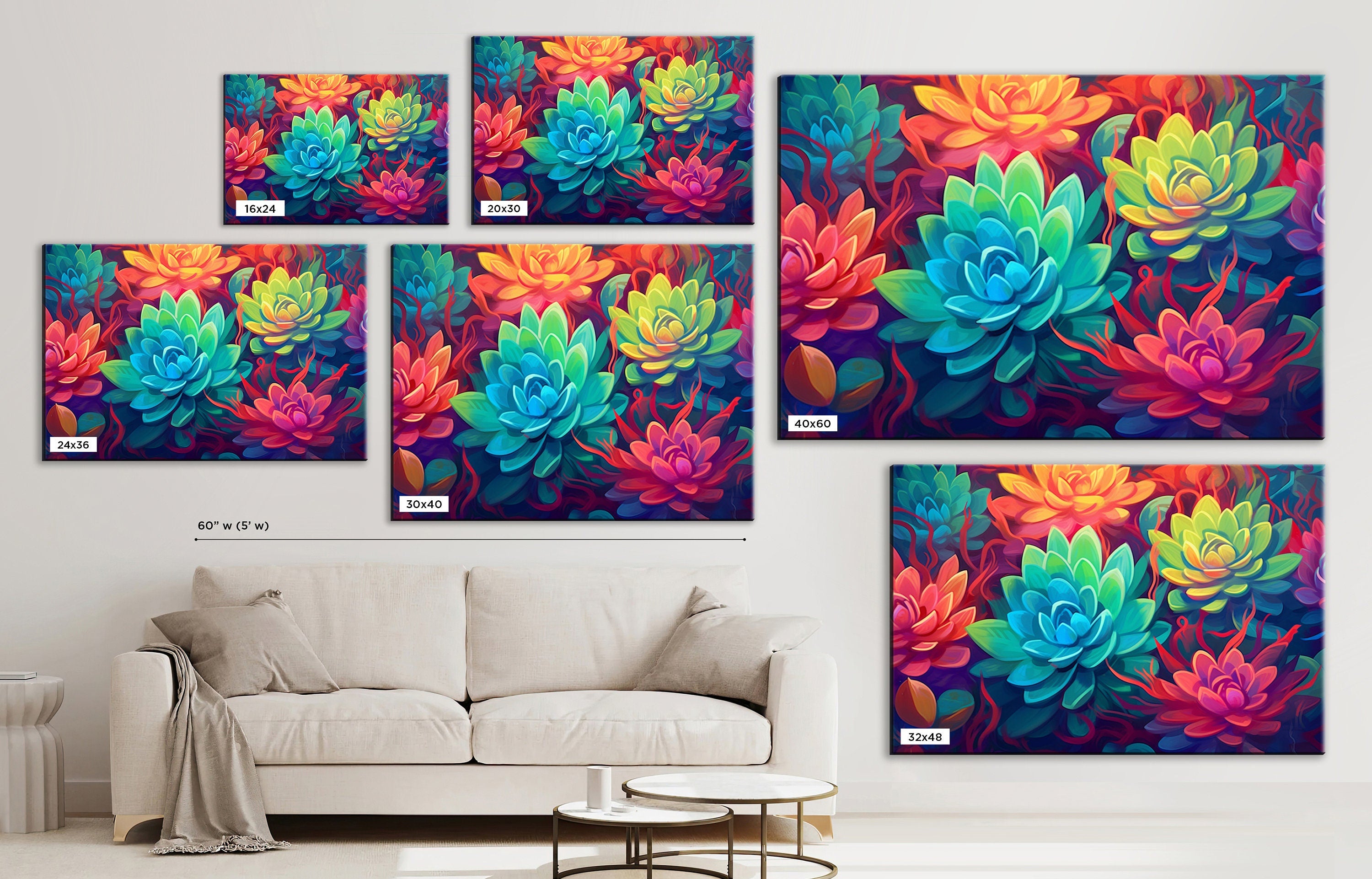 Succulent Garden Canvas – Vibrant Botanical Wall Art with Wooden Frame, Large Prints