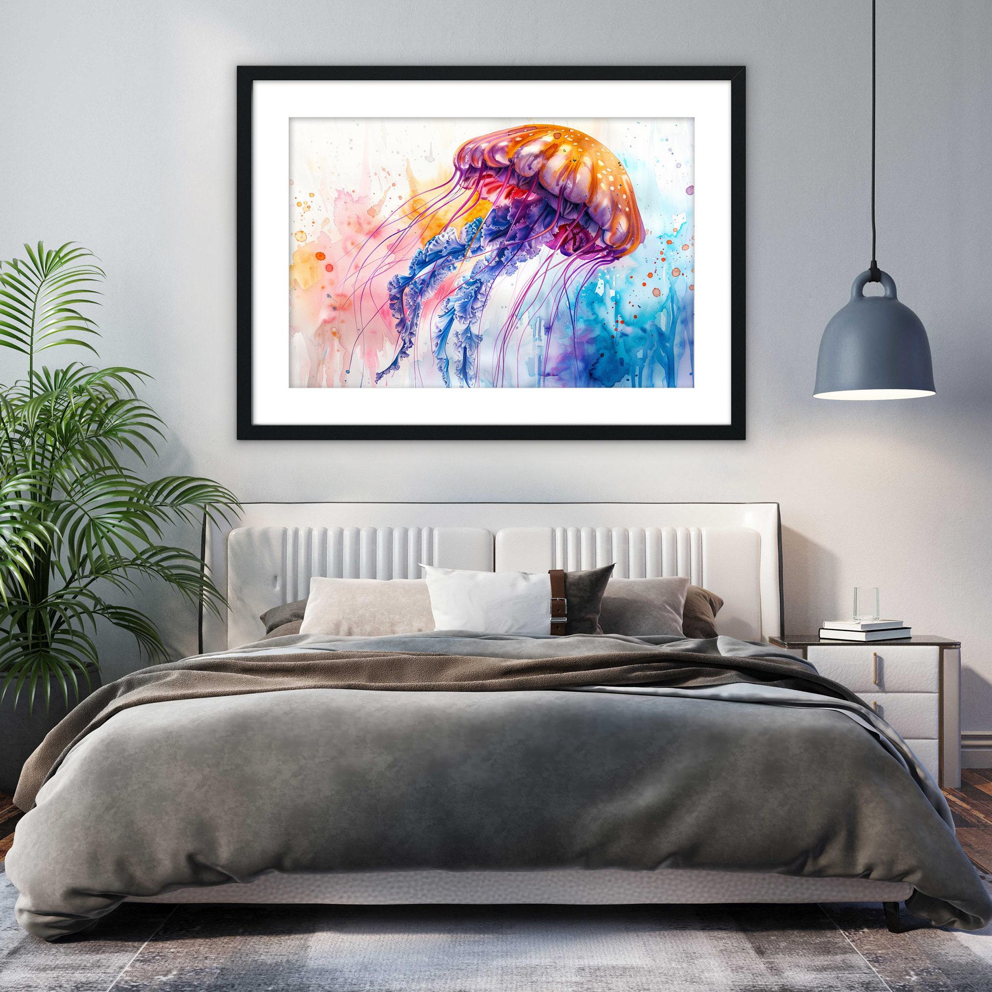 Vibrant Floating Jellyfish Watercolor, Coastal Art, Giclee Print on Canvas, Artist Paper, Watercolor Paper, Available in Extra Large Sizes