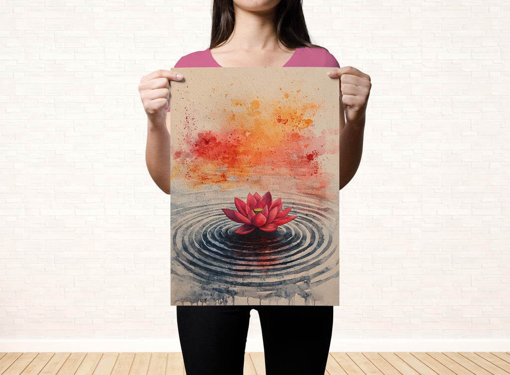 A woman holds up a framed print featuring a watercolor painting of a red lotus flower in a pond with concentric circles.