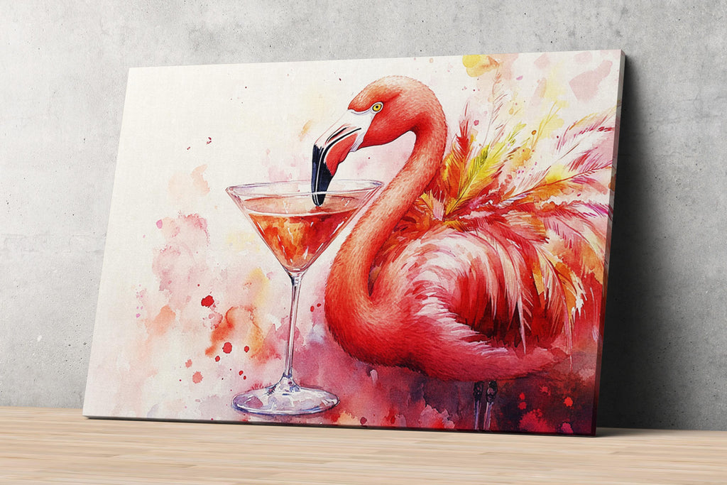 A vibrant painting of a flamingo standing next to a martini glass filled with a red drink, set against a colorful background.