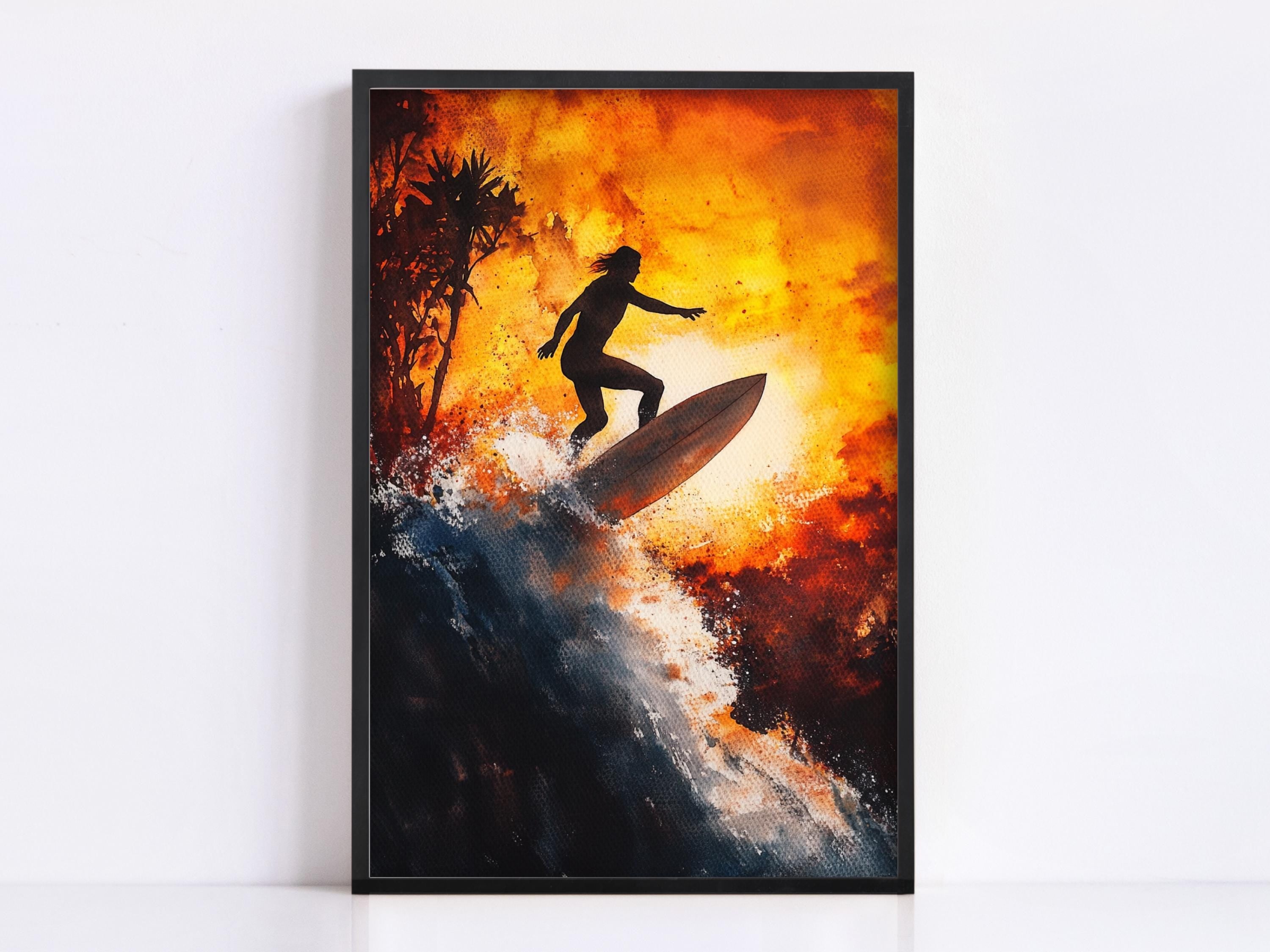 A surfer riding a wave against a backdrop of a fiery sunset.