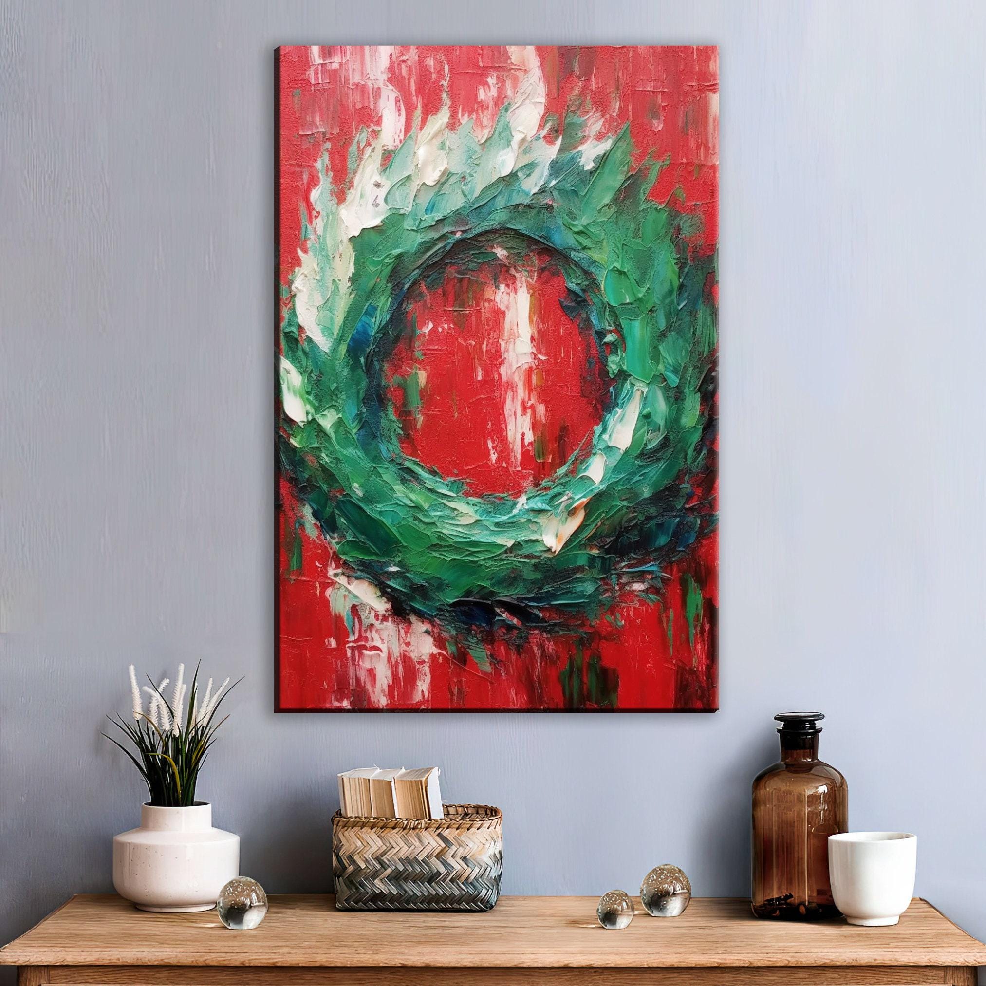 Christmas Wreath Painting – Festive Holiday Wall Art on Gallery Wrapped Canvas