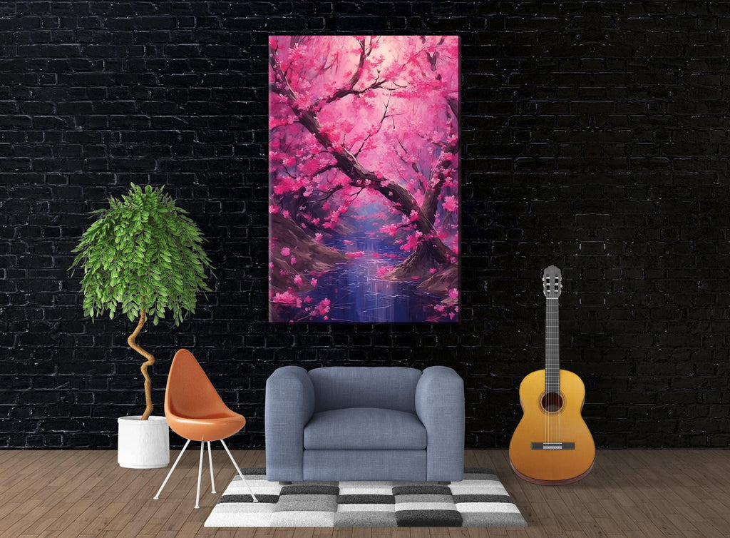 Cherry Blossom Canvas – Large Floral Wall Art | Sakura Pink Purple Flowers Print