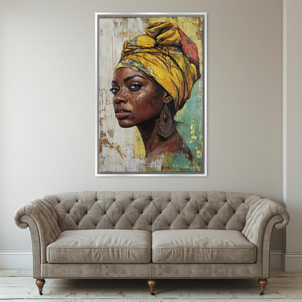 a living room with a couch and a painting on the wall