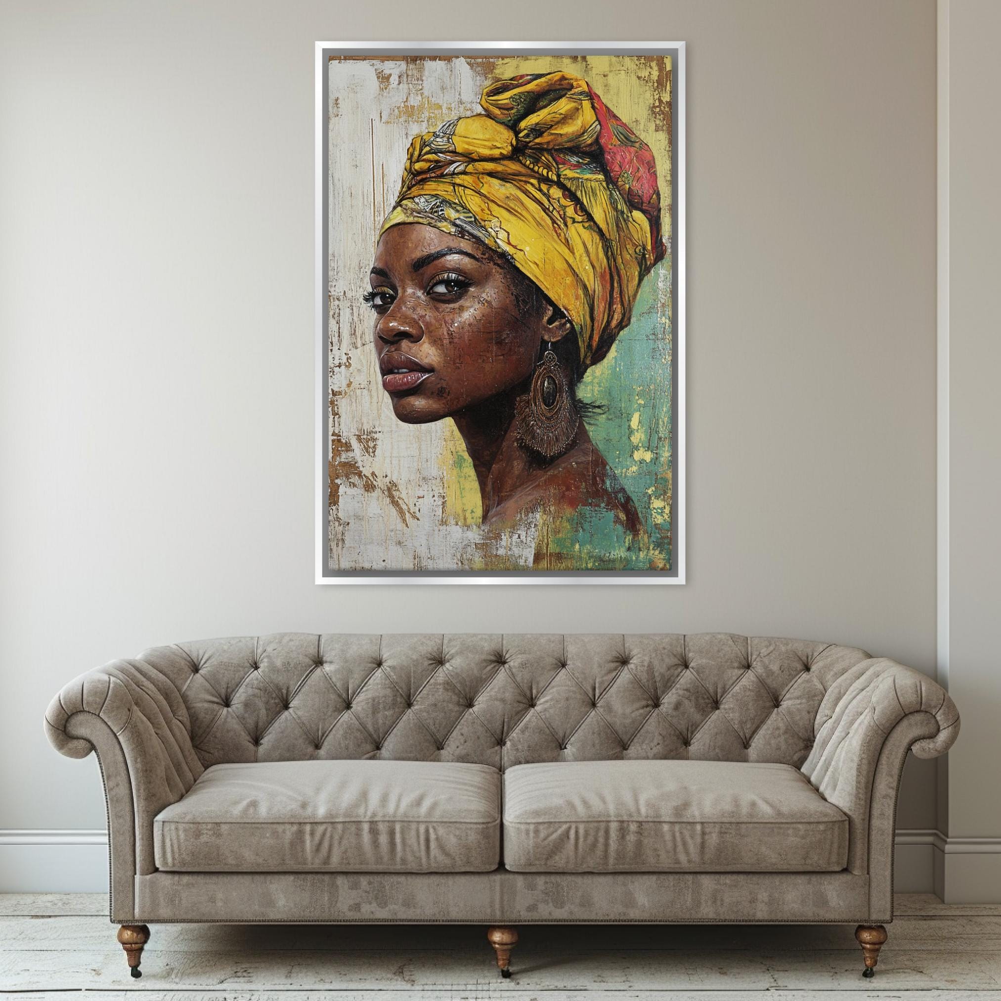 a living room with a couch and a painting on the wall