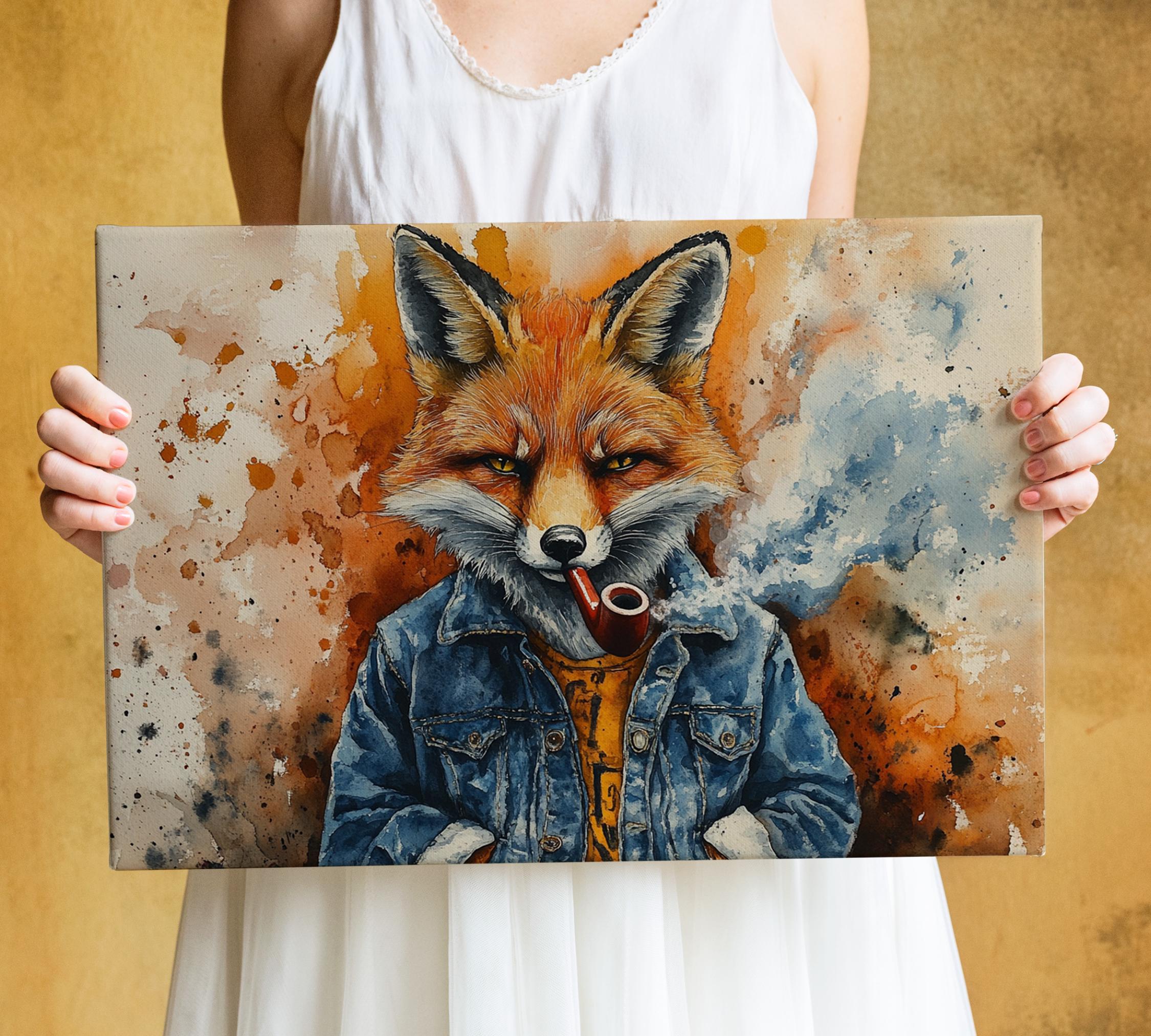 A person is holding a framed painting of a fox wearing a denim jacket and smoking a pipe.