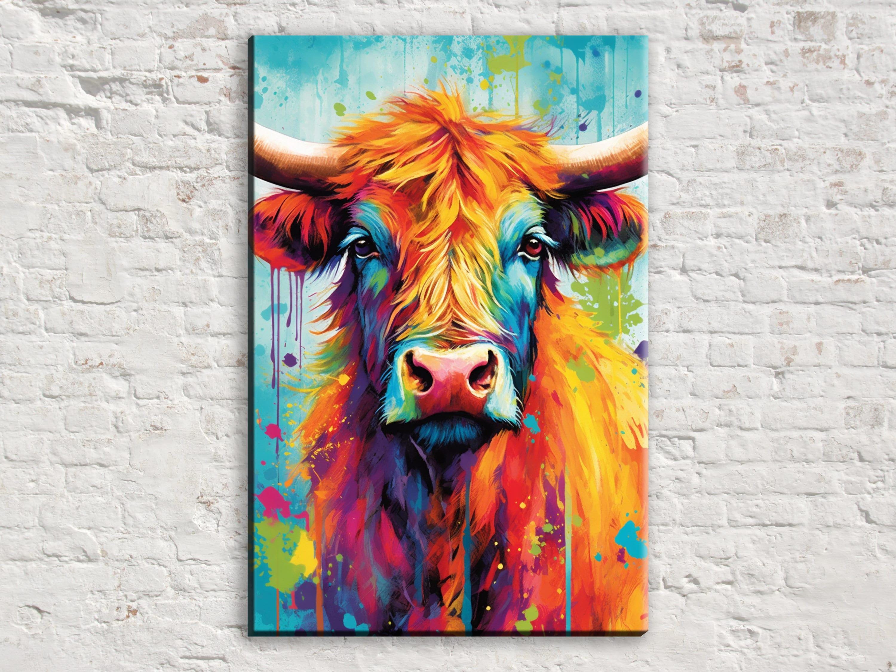 Highland Cow Painting – Watercolor Canvas Print | Colorful Cow Art on Large Canvas