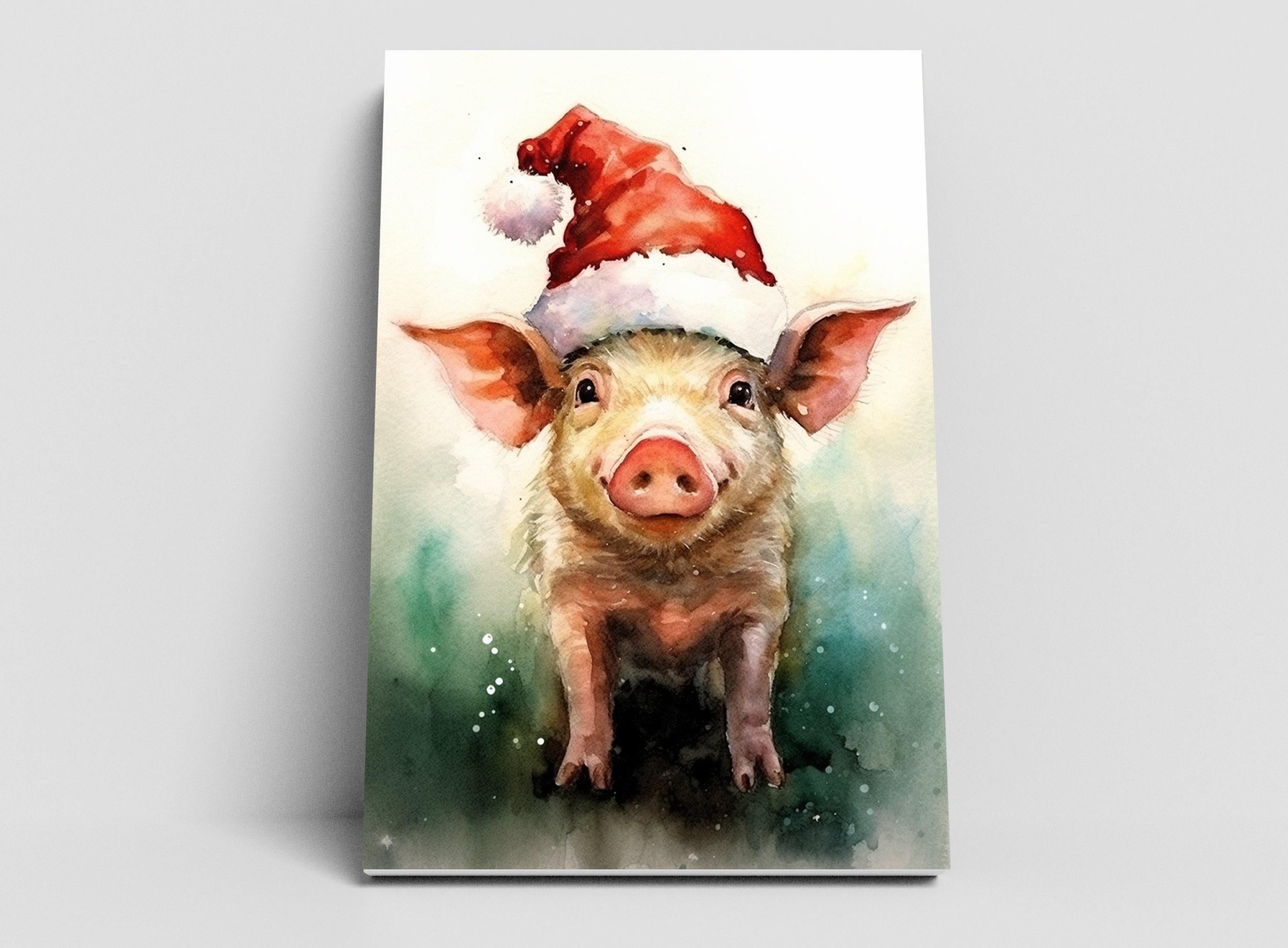 Festive Pig in Santa Hat Watercolor -  Christmas Art, Giclee Print on Canvas, Artist Paper, Watercolor Paper, Available in Extra Large Sizes
