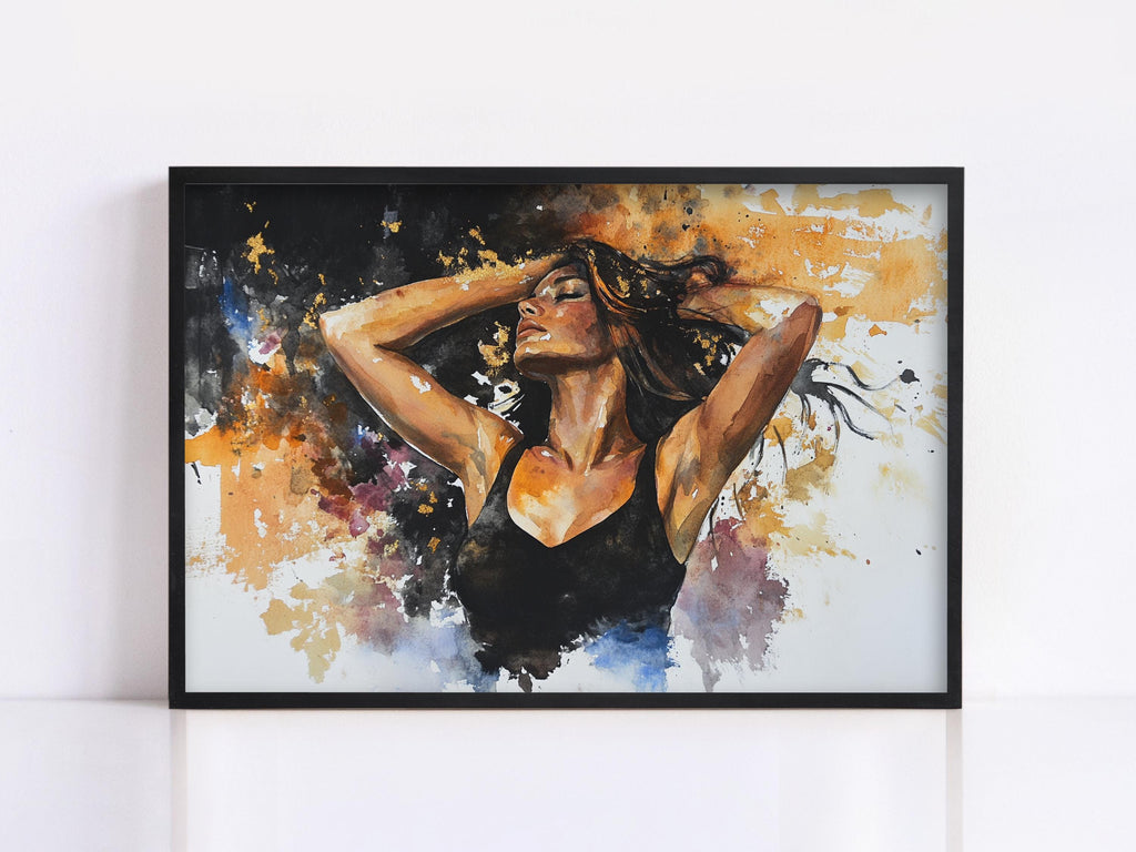The image is a framed painting depicting a woman with her arms raised, surrounded by splashes of color and abstract shapes.