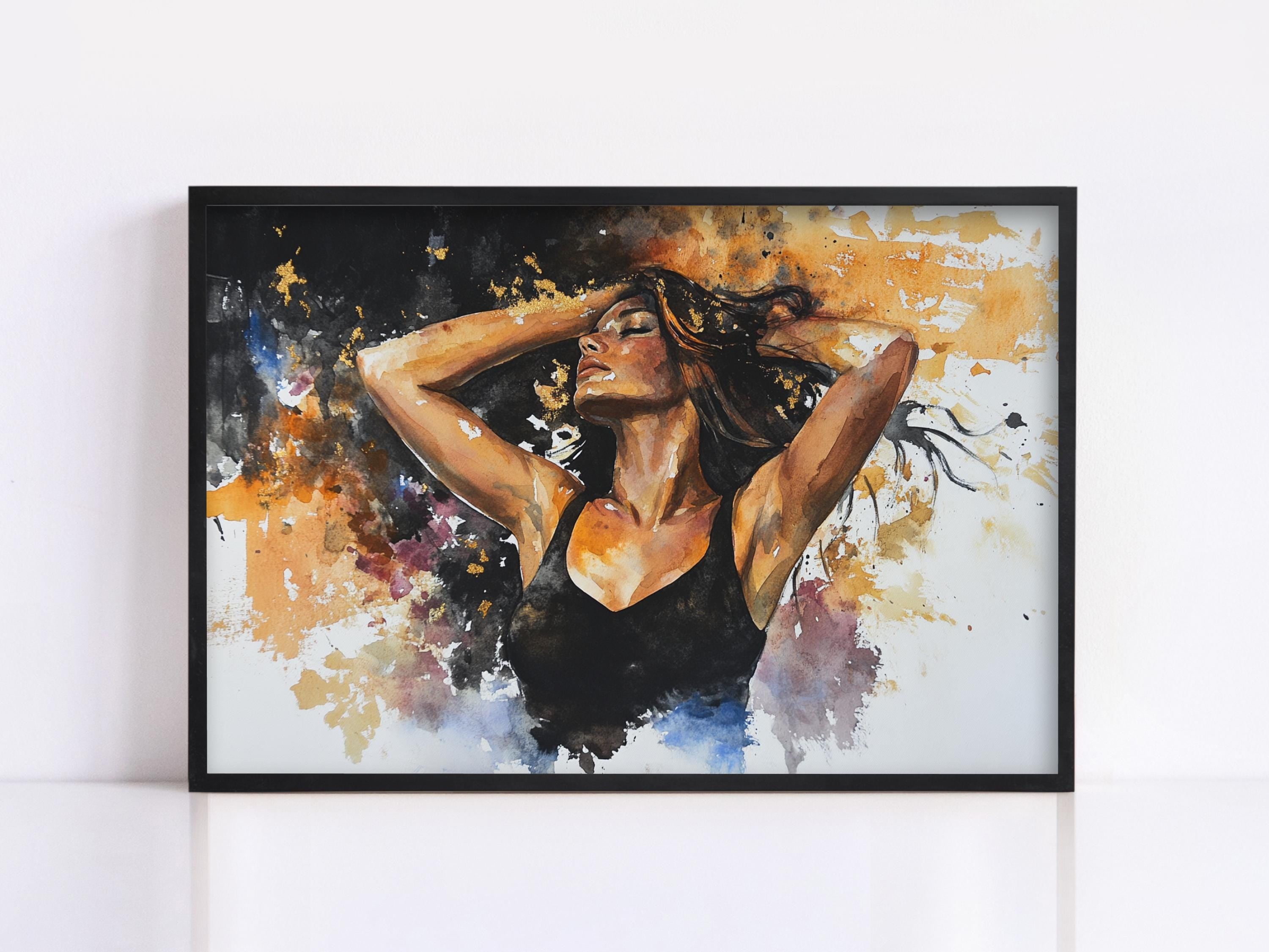 The image is a framed painting depicting a woman with her arms raised, surrounded by splashes of color and abstract shapes.