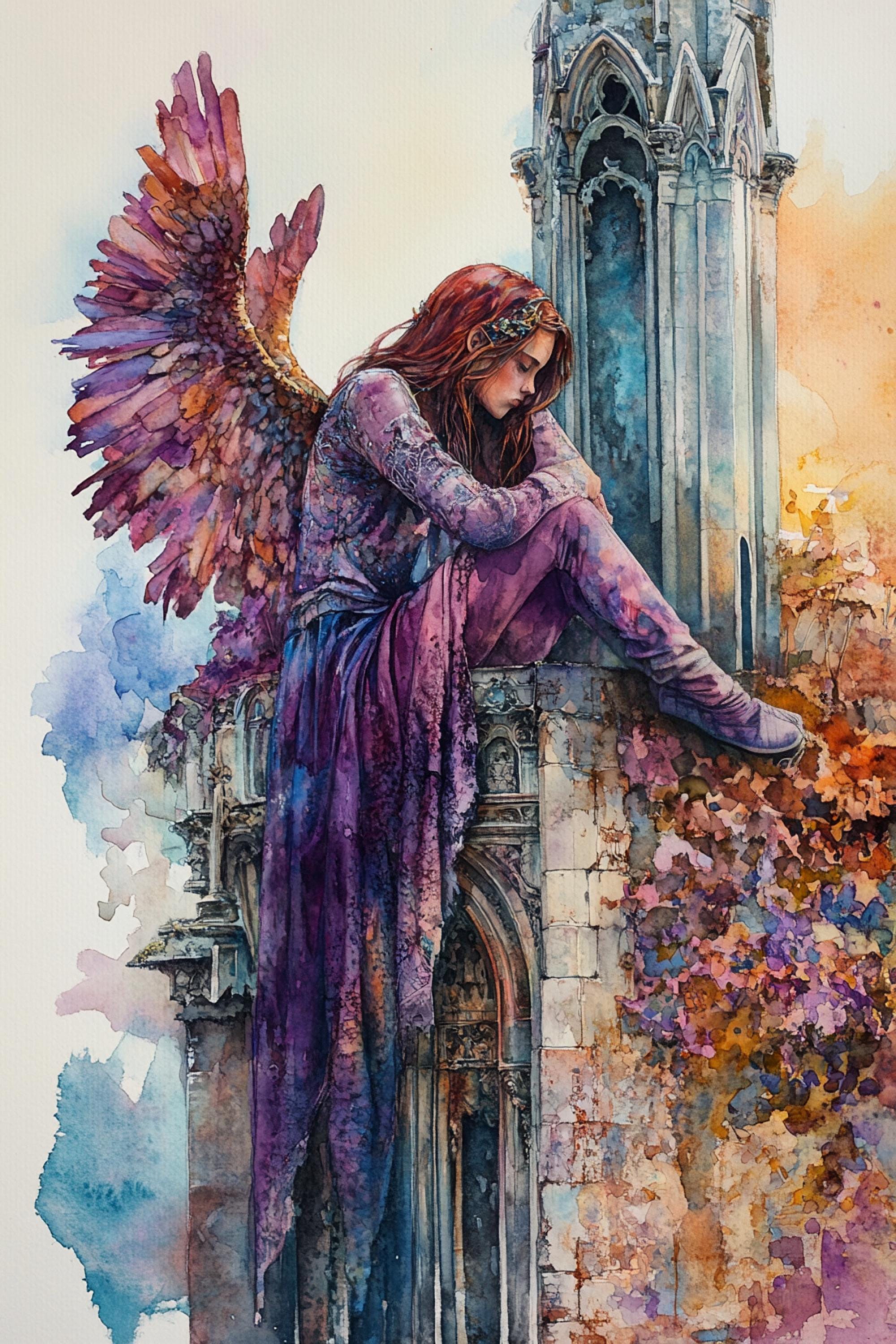 A woman with long red hair and a purple dress sits on a stone wall, her wings spread out behind her.