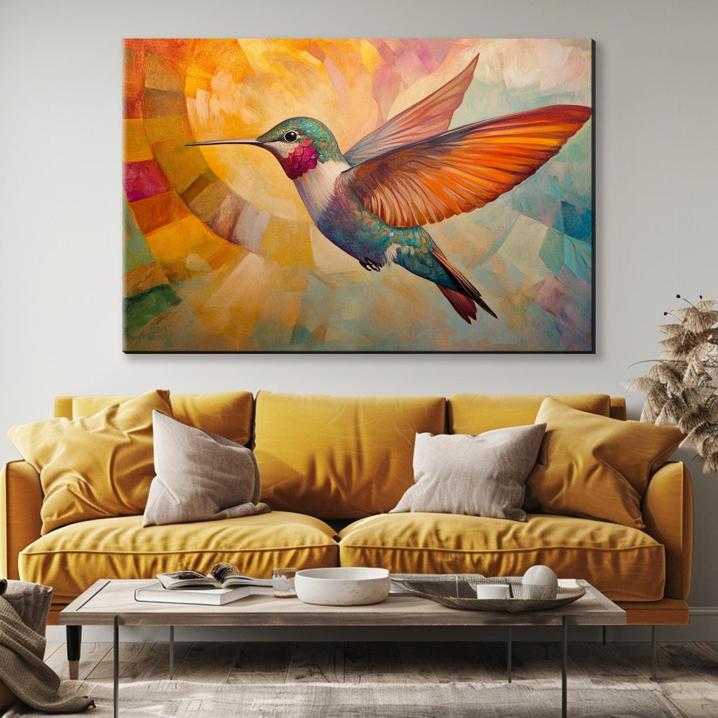 a painting of a hummingbird flying over a yellow couch