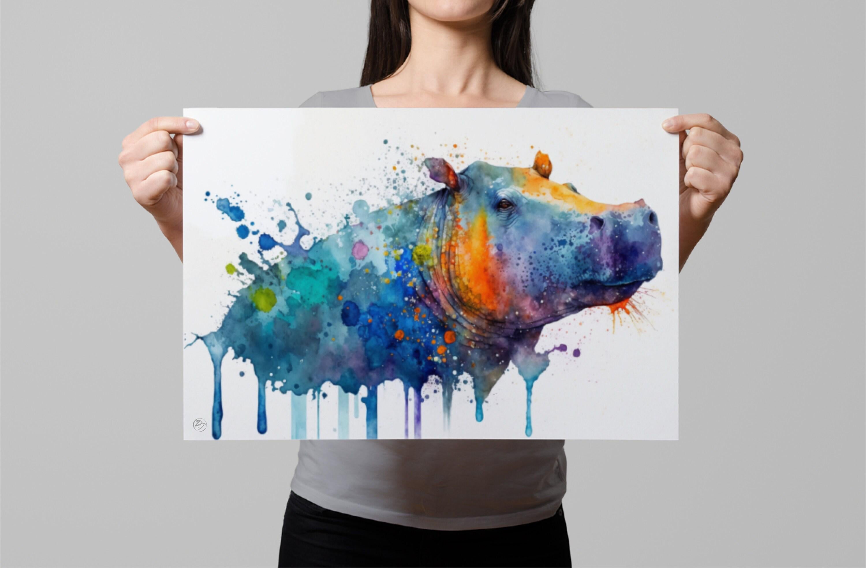 Wildlife Majesty: Hippopotamus Watercolor Painting, Giclee Print on Canvas, Artist Paper, Watercolor Paper, Available in Extra Large Sizes