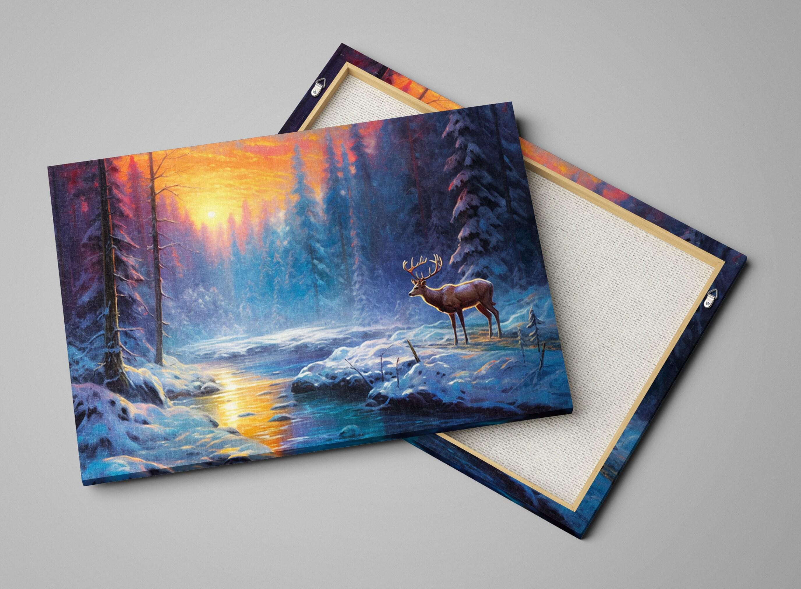 Winter Elk Canvas Art - Large Giclee Print | Rustic Winter Landscape Decor
