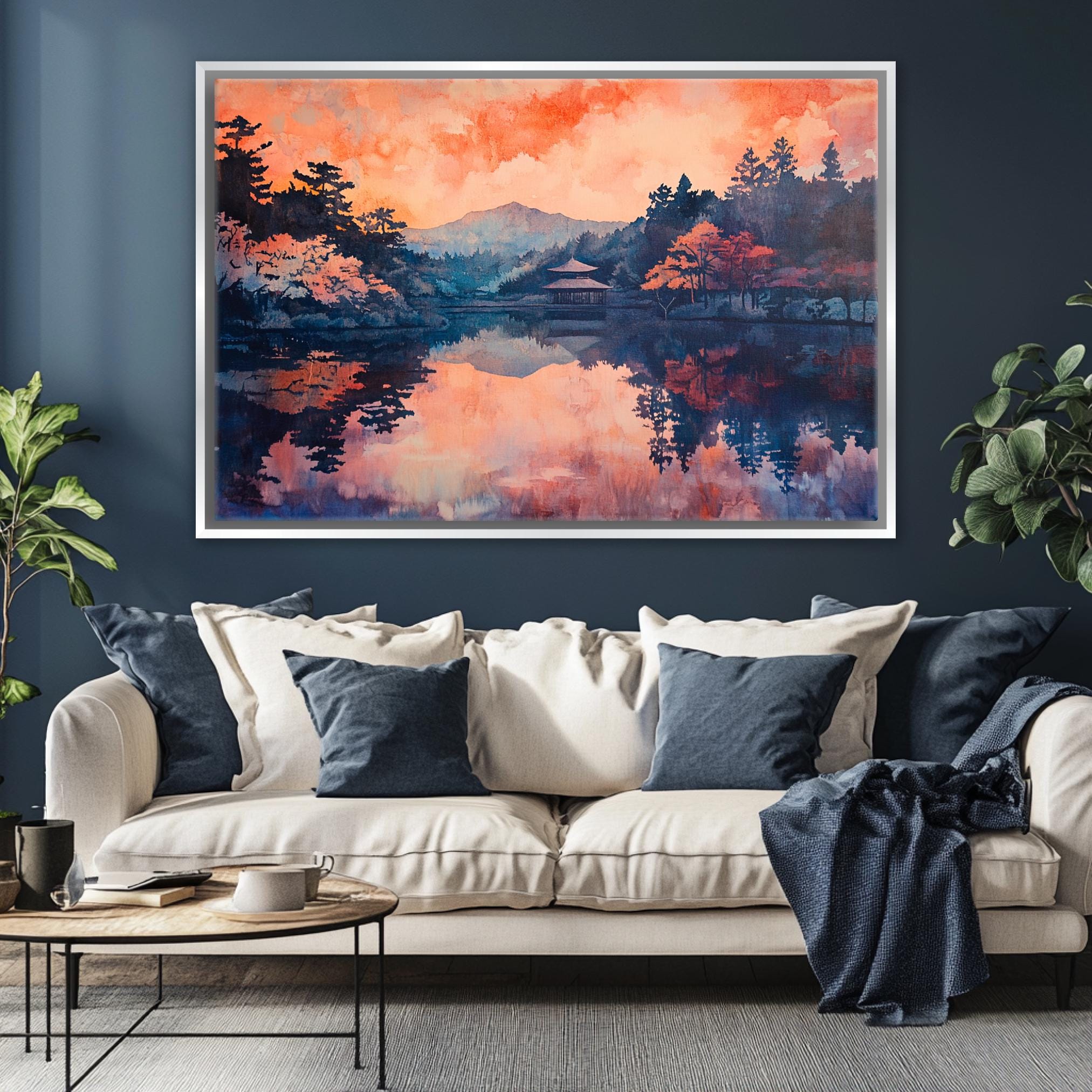a living room with a couch and a painting on the wall