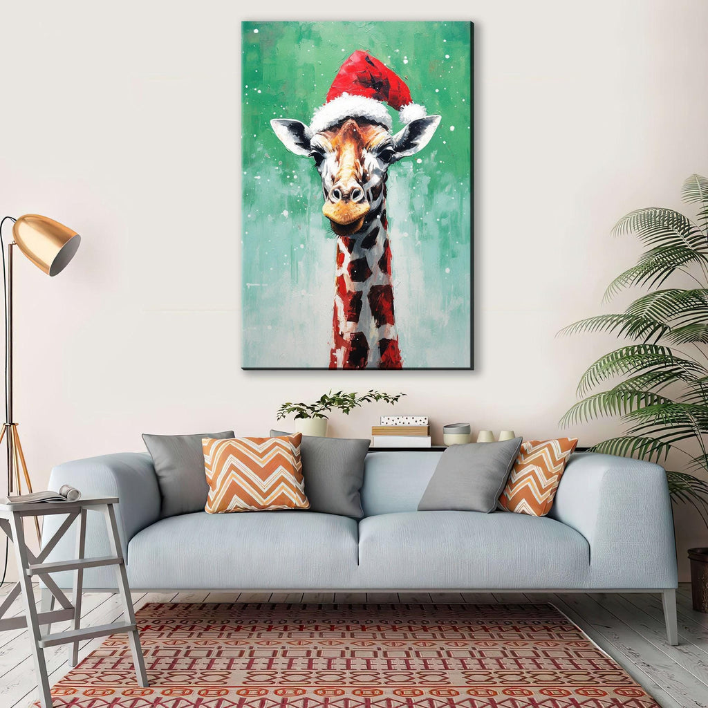 Holiday Giraffe Painting – Christmas Wall Art | Large Santa Hat Canvas Print
