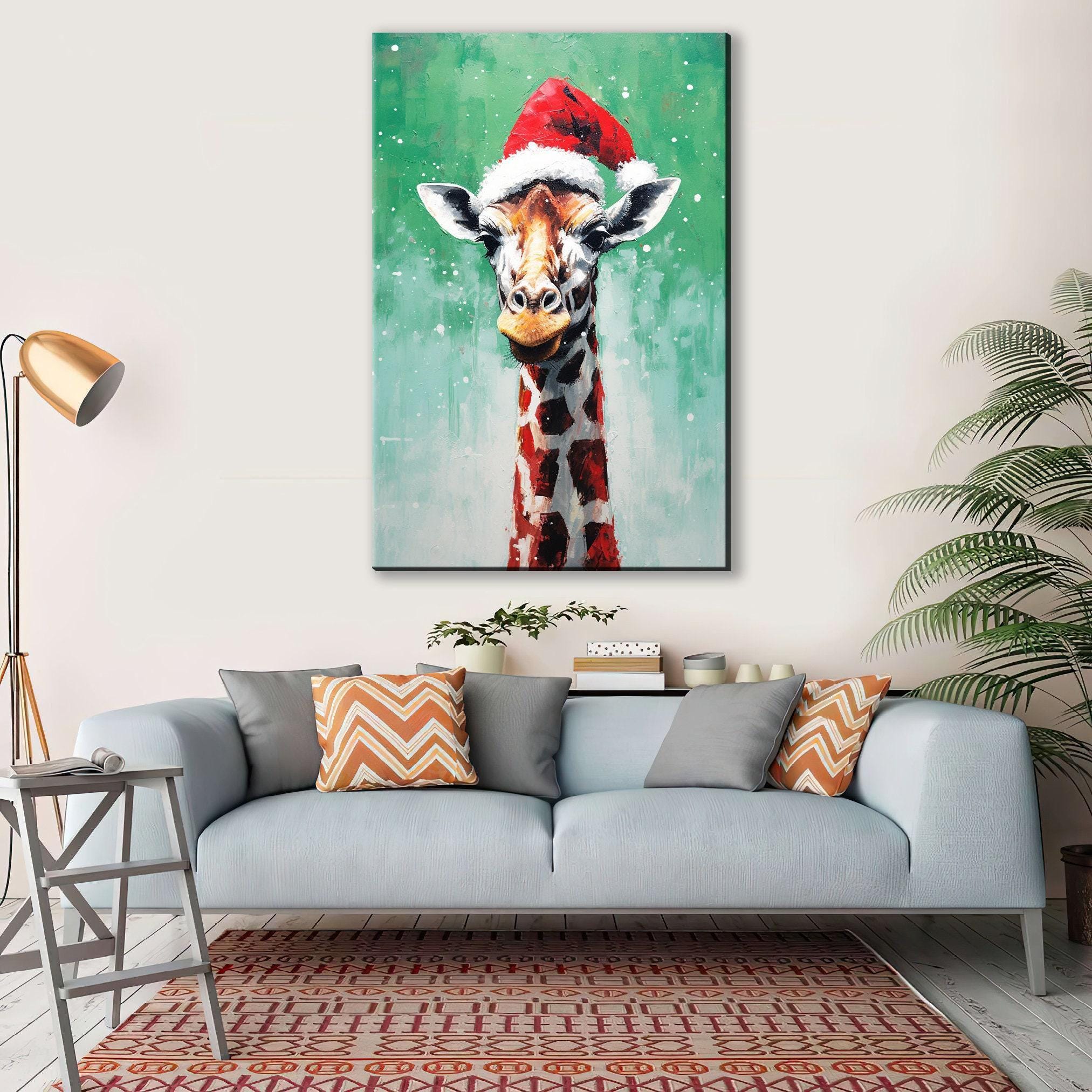 Holiday Giraffe Painting – Christmas Wall Art | Large Santa Hat Canvas Print