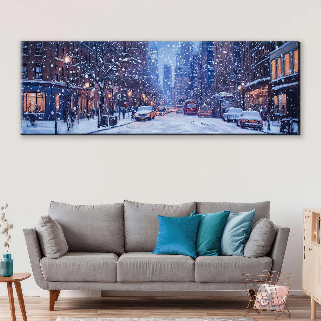 a living room with a couch and a painting on the wall