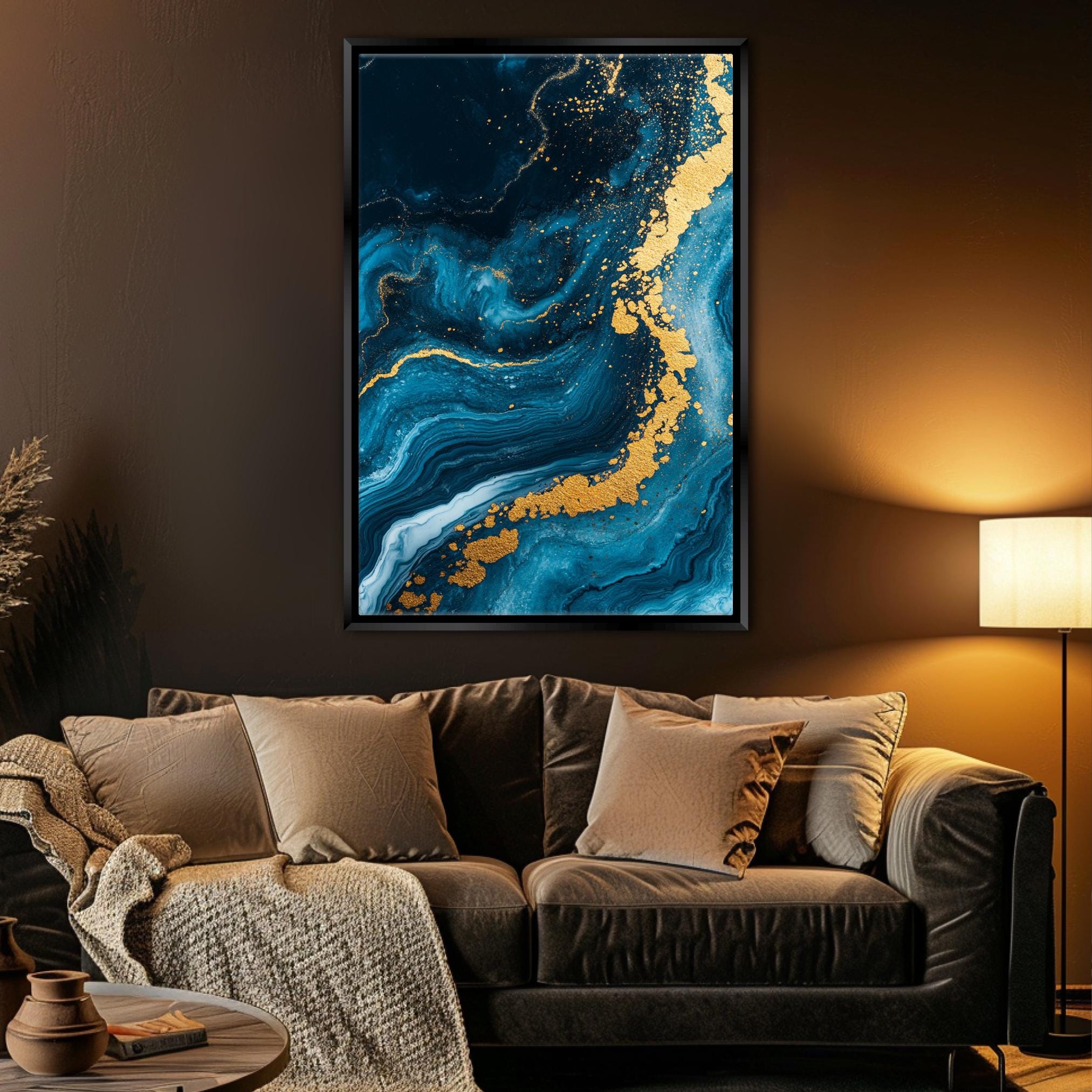 a living room with a couch and a painting on the wall