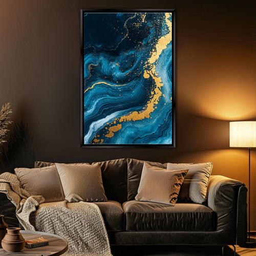 a living room with a couch and a painting on the wall