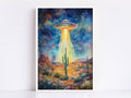 A watercolor painting depicting a large, colorful alien spacecraft hovering over a desert landscape with cacti and mountains in the background, under a starry night sky.