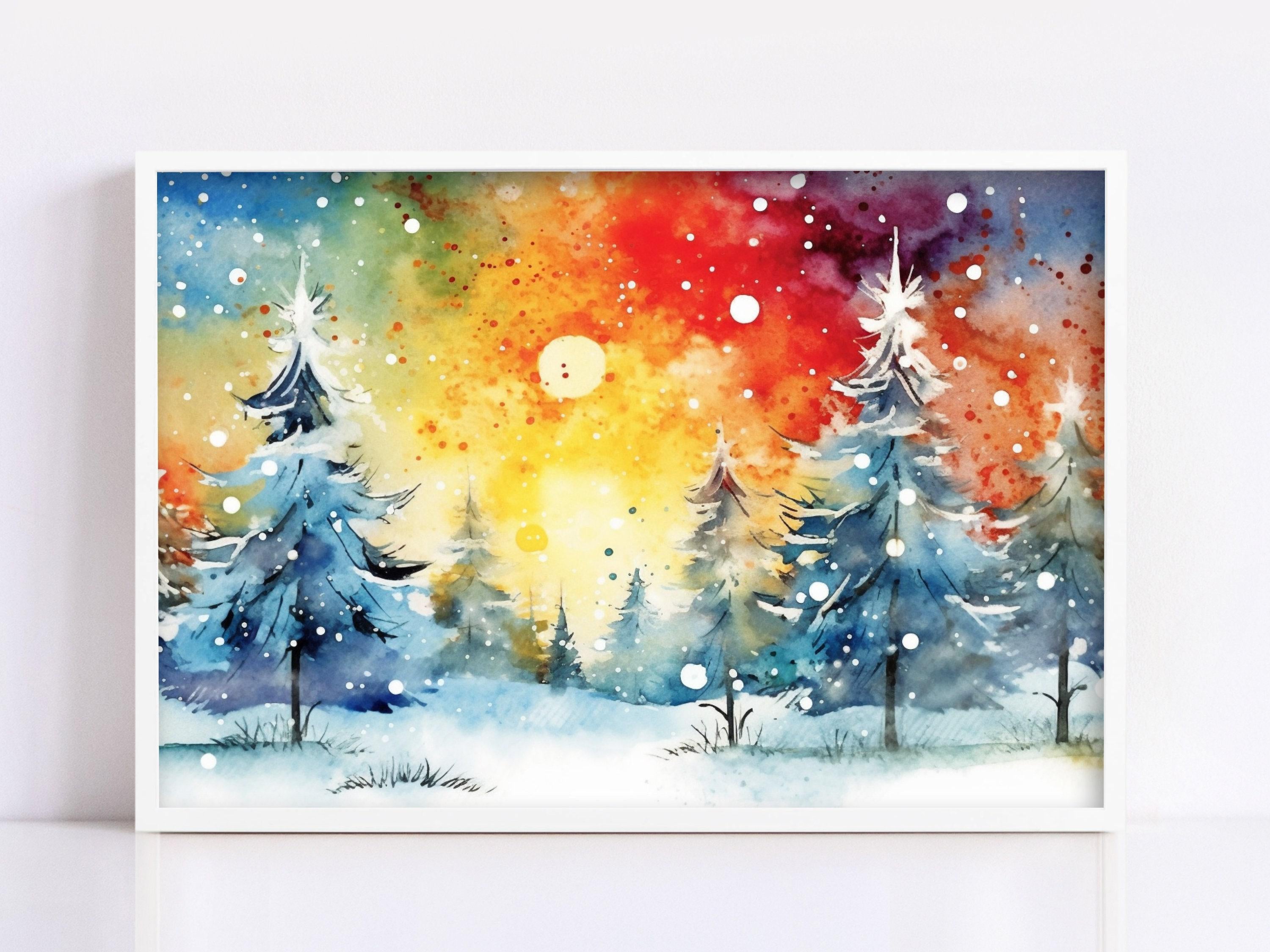 Colorful Winter Forest Watercolor - Christmas Art, Giclee Print on Canvas, Artist Paper, Watercolor Paper, Available in Extra Large Sizes