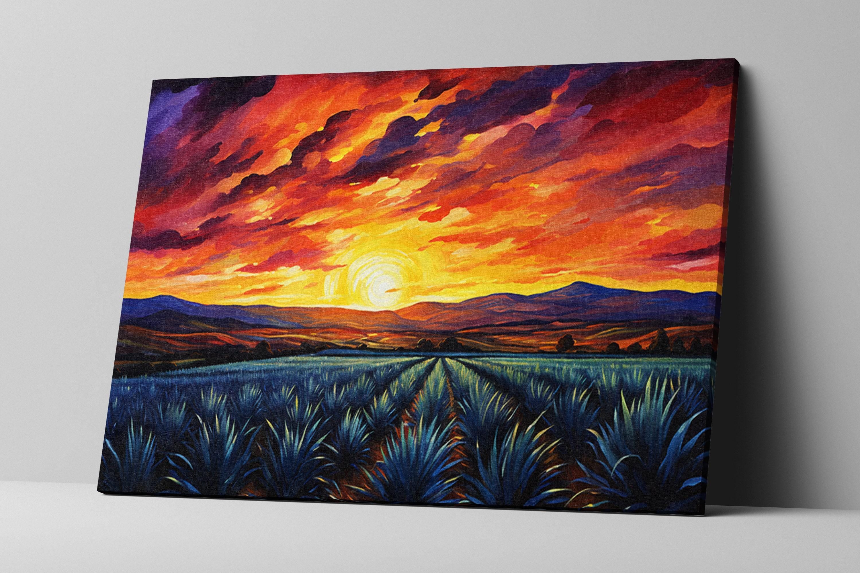 The image is a vibrant painting depicting a serene landscape with a field of blue flowers, a mountain range in the distance, and a dramatic sunset sky filled with orange and red hues.