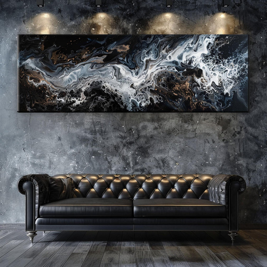 a living room with a couch and a painting on the wall