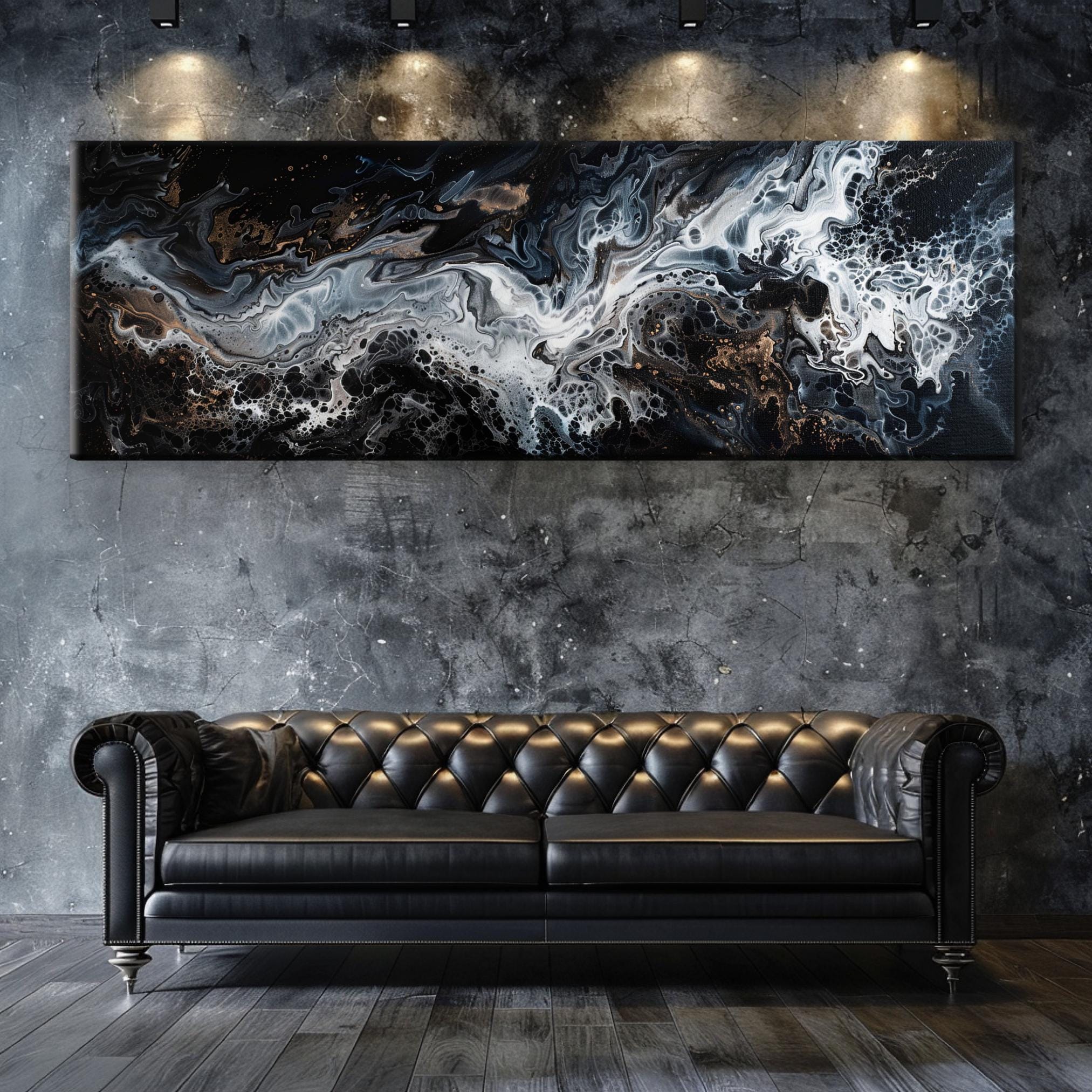 a living room with a couch and a painting on the wall