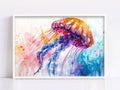 Vibrant Floating Jellyfish Watercolor, Coastal Art, Giclee Print on Canvas, Artist Paper, Watercolor Paper, Available in Extra Large Sizes