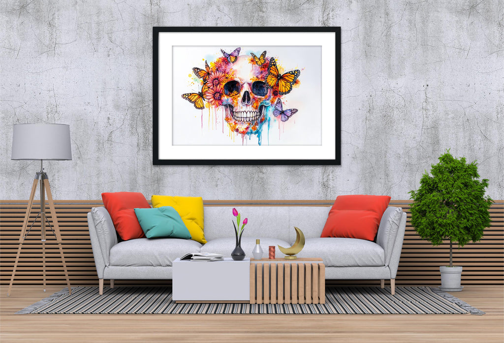 a modern living room with a gray sofa, a wooden coffee table, and a framed artwork of a colorful skull with butterflies hanging on the wall above the sofa.
