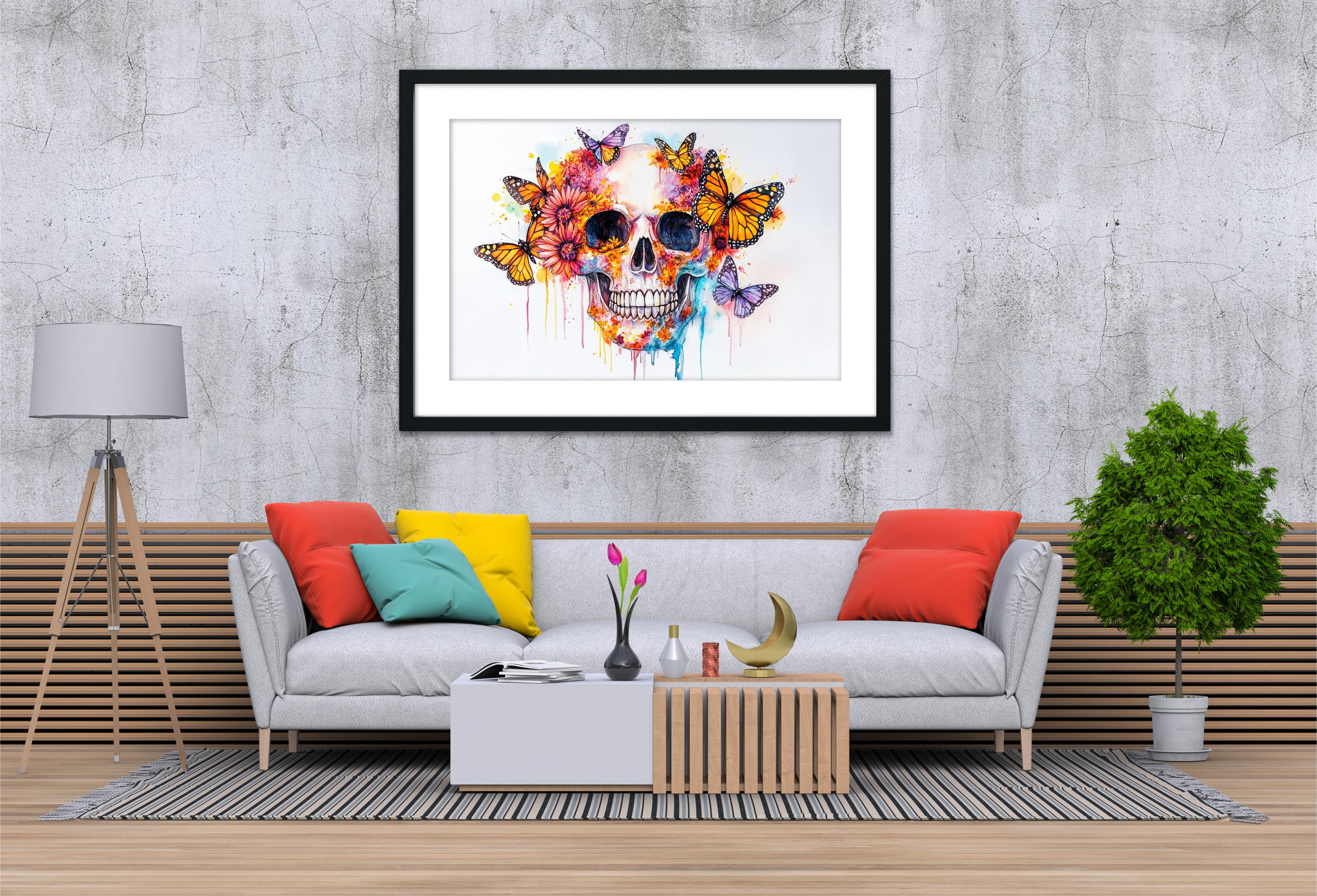 a modern living room with a gray sofa, a wooden coffee table, and a framed artwork of a colorful skull with butterflies hanging on the wall above the sofa.