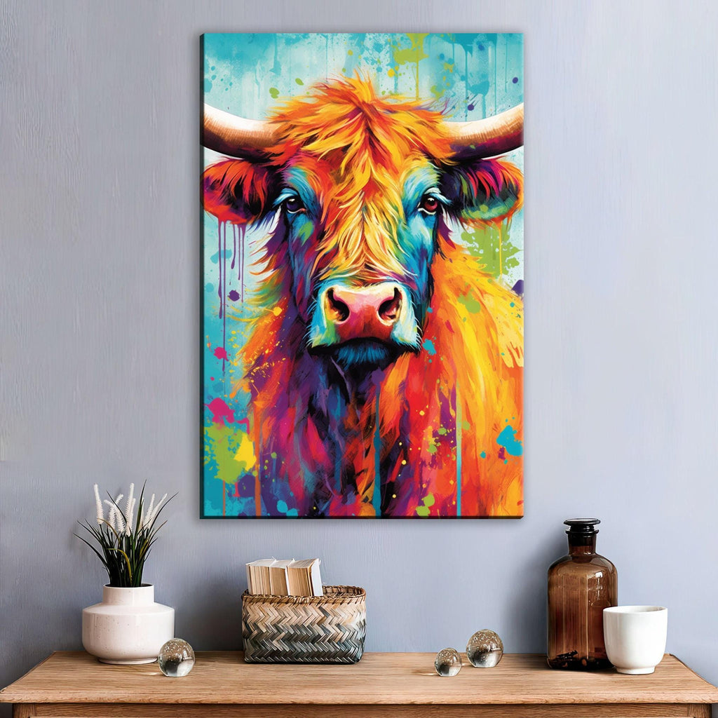 Highland Cow Painting – Watercolor Canvas Print | Colorful Cow Art on Large Canvas