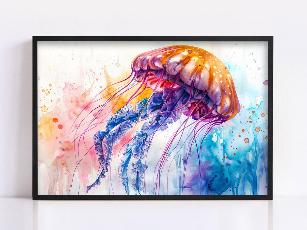 Vibrant Floating Jellyfish Watercolor, Coastal Art, Giclee Print on Canvas, Artist Paper, Watercolor Paper, Available in Extra Large Sizes
