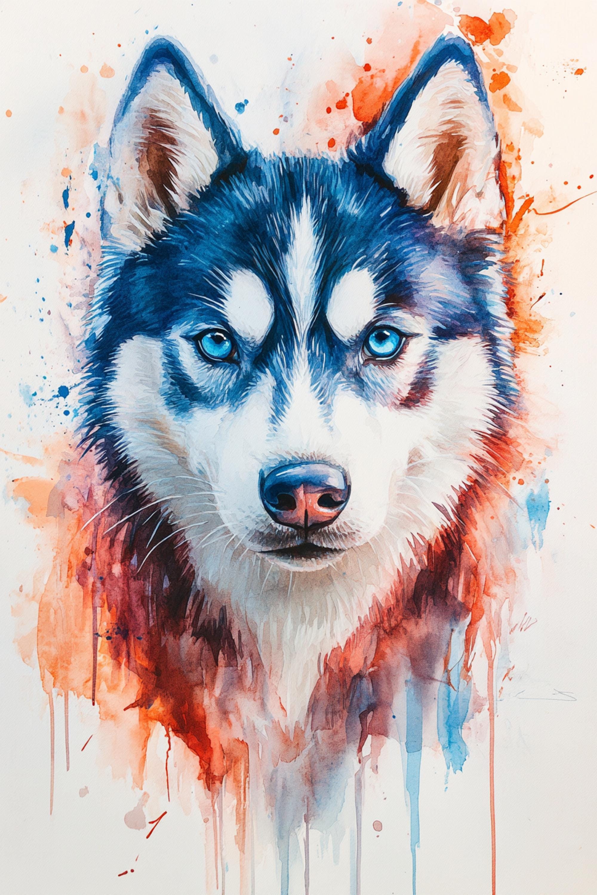 A close-up portrait of a blue and white husky dog with striking blue eyes, set against a background of vibrant splashes of color.