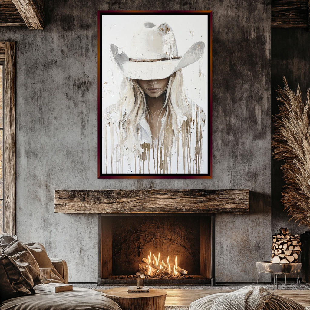 a living room with a fire place and a painting on the wall