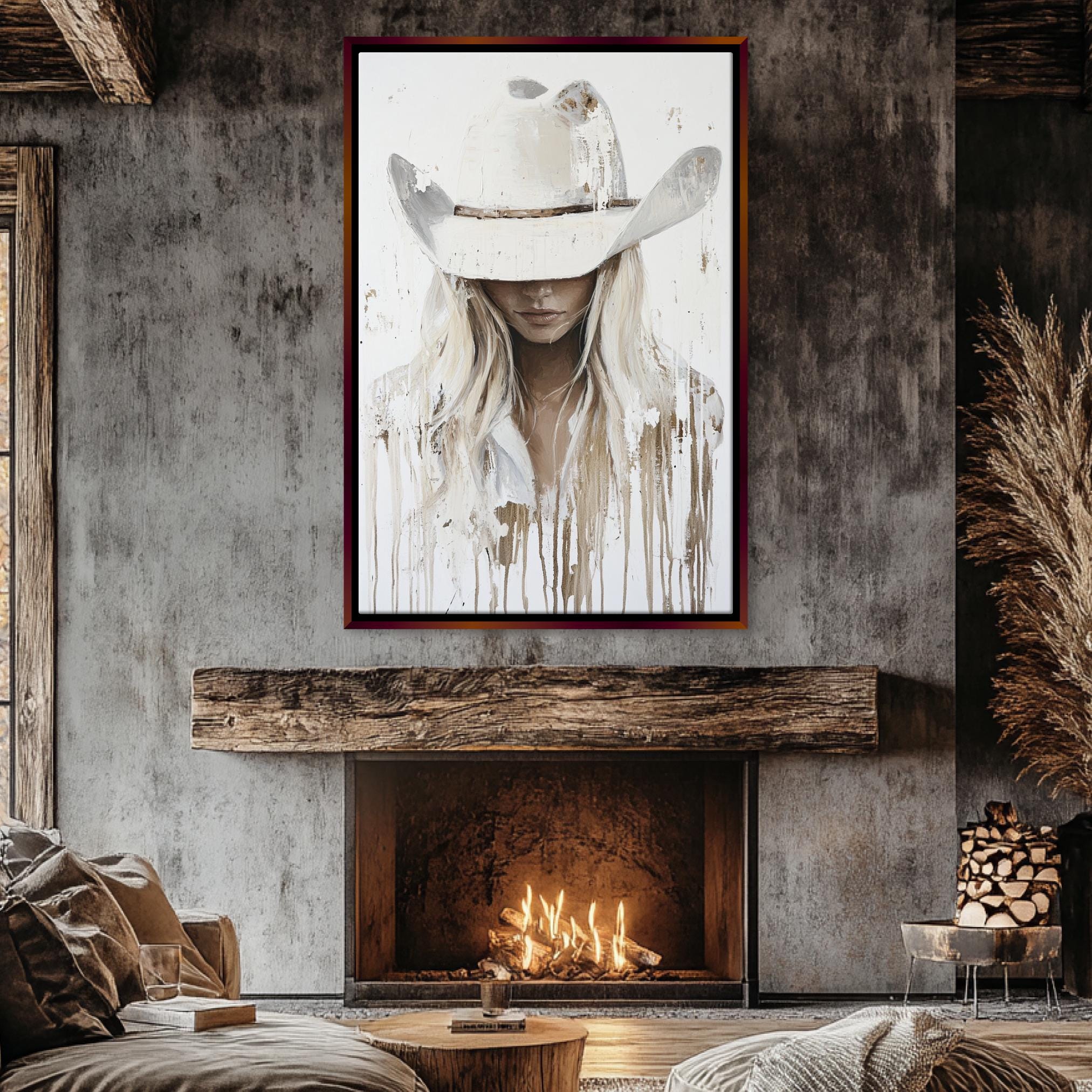a living room with a fire place and a painting on the wall