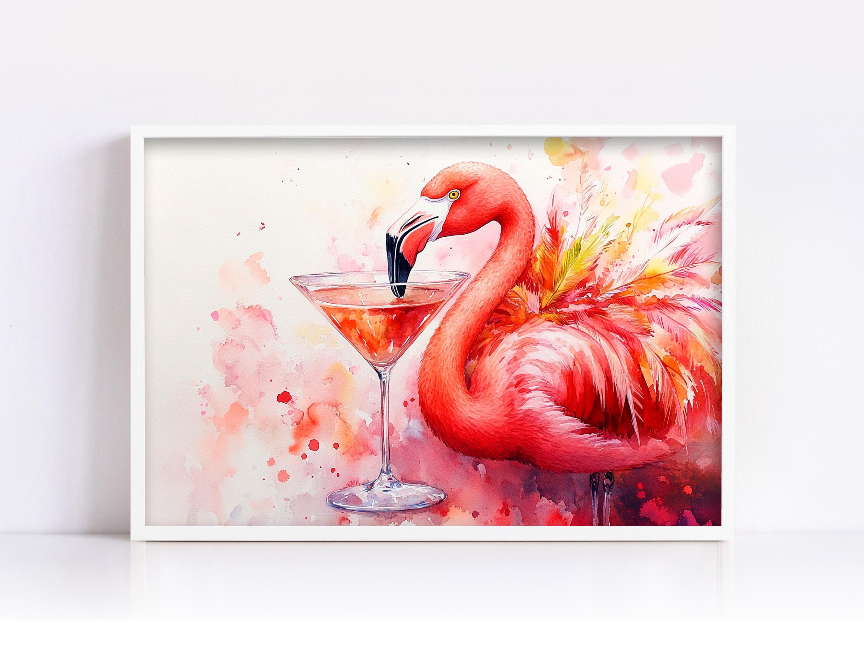 A vibrant painting of a flamingo standing next to a martini glass filled with a red drink, set against a colorful background.