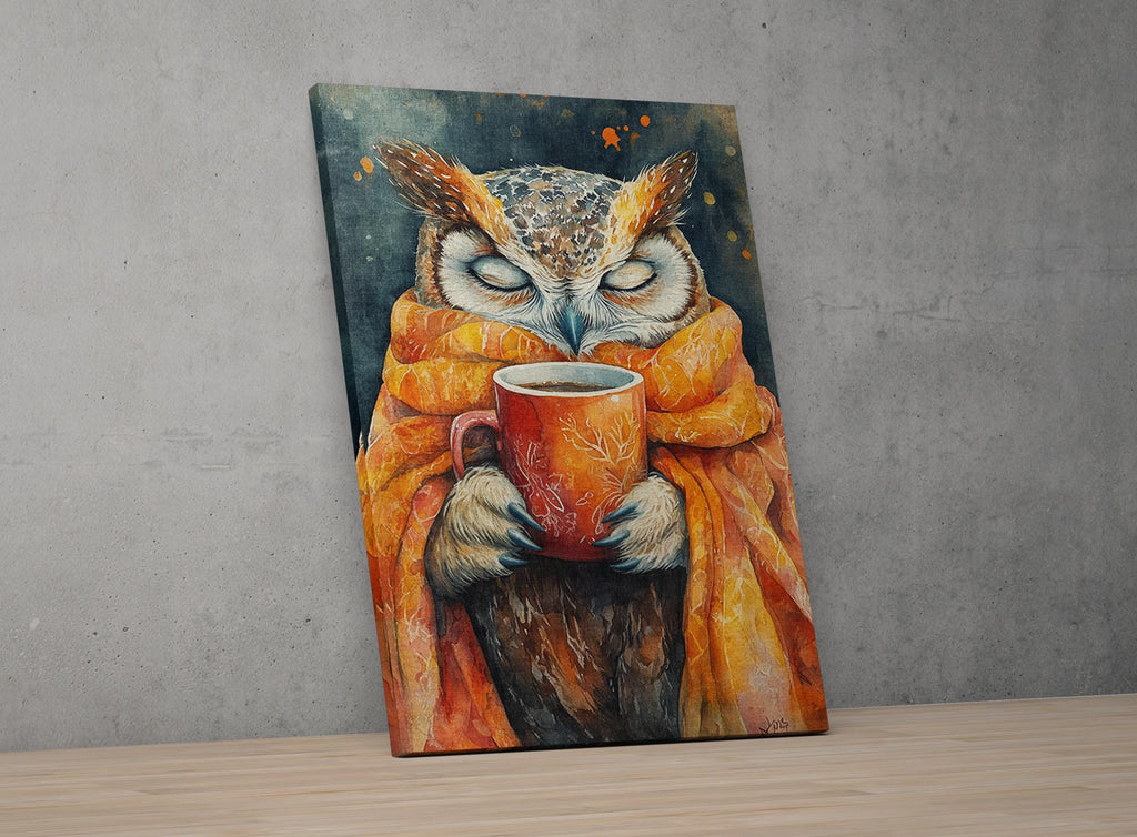 A painting of an owl wrapped in a warm orange scarf holding a cup of coffee, with its eyes closed, against a dark background.