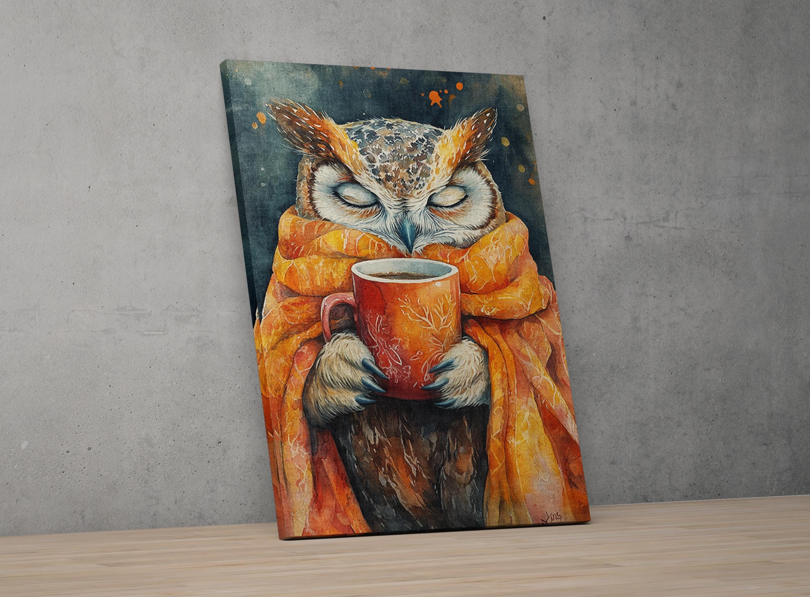 A painting of an owl wrapped in a warm orange scarf holding a cup of coffee, with its eyes closed, against a dark background.
