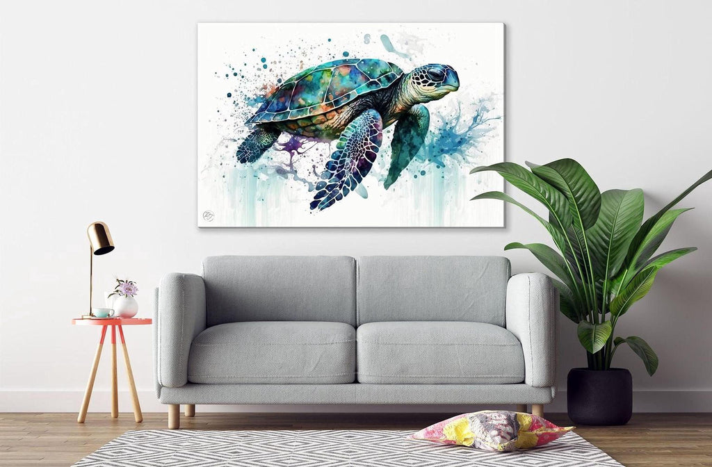 a large painting of a colorful sea turtle on a white wall above a gray sofa in a living room setting.
