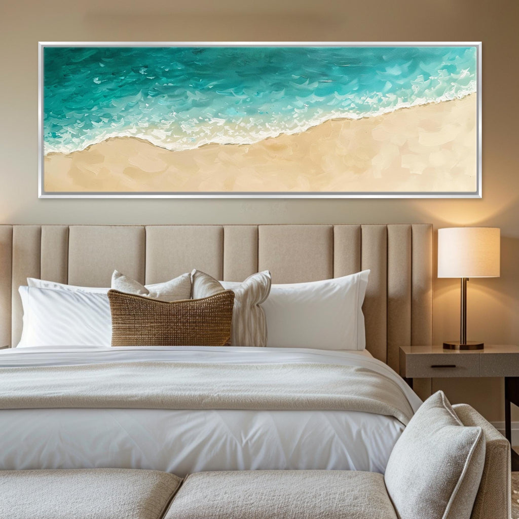 a bedroom with a large painting on the wall above the bed