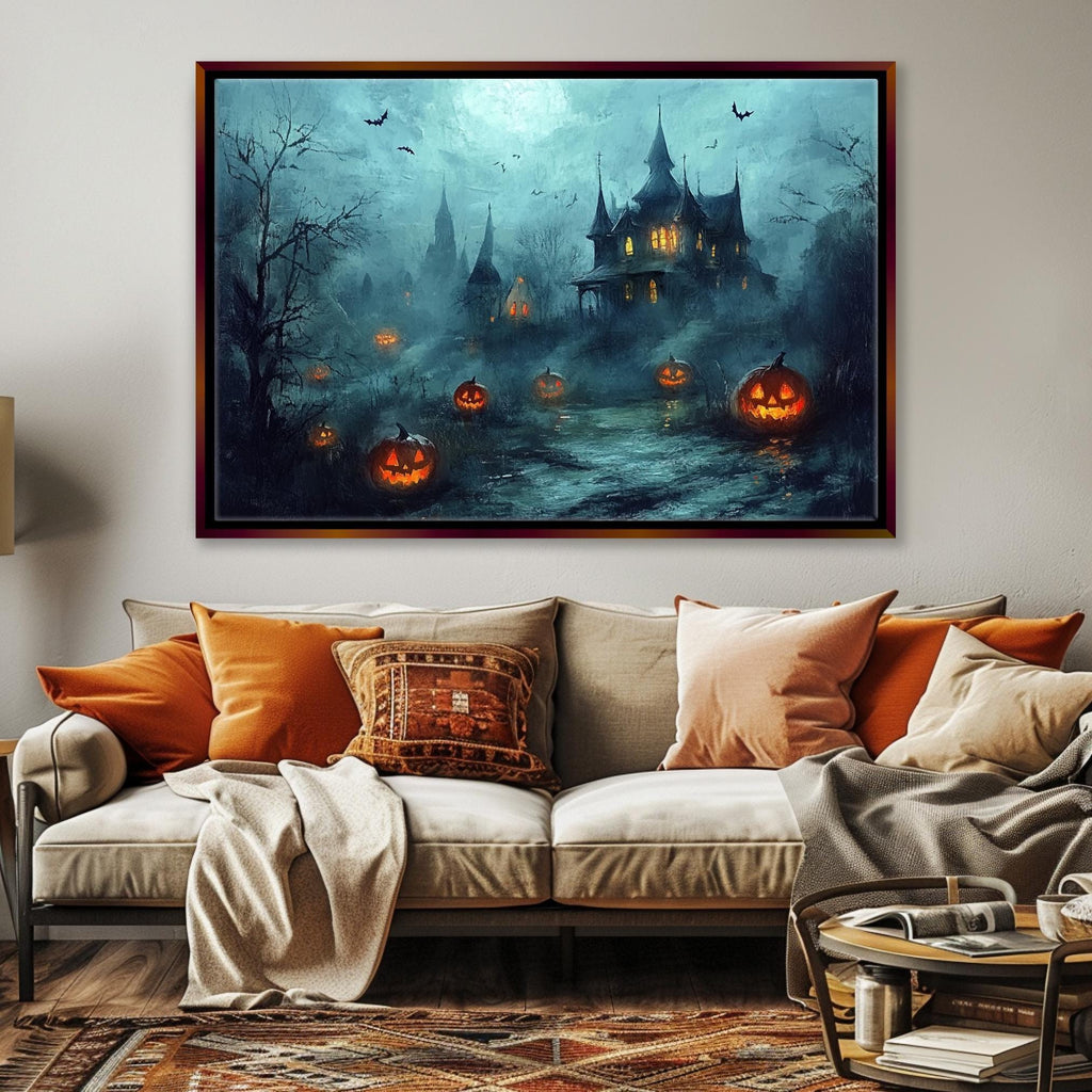 Haunted House Wall Art – Spooky Halloween Decor | Extra Large Framed Canvas