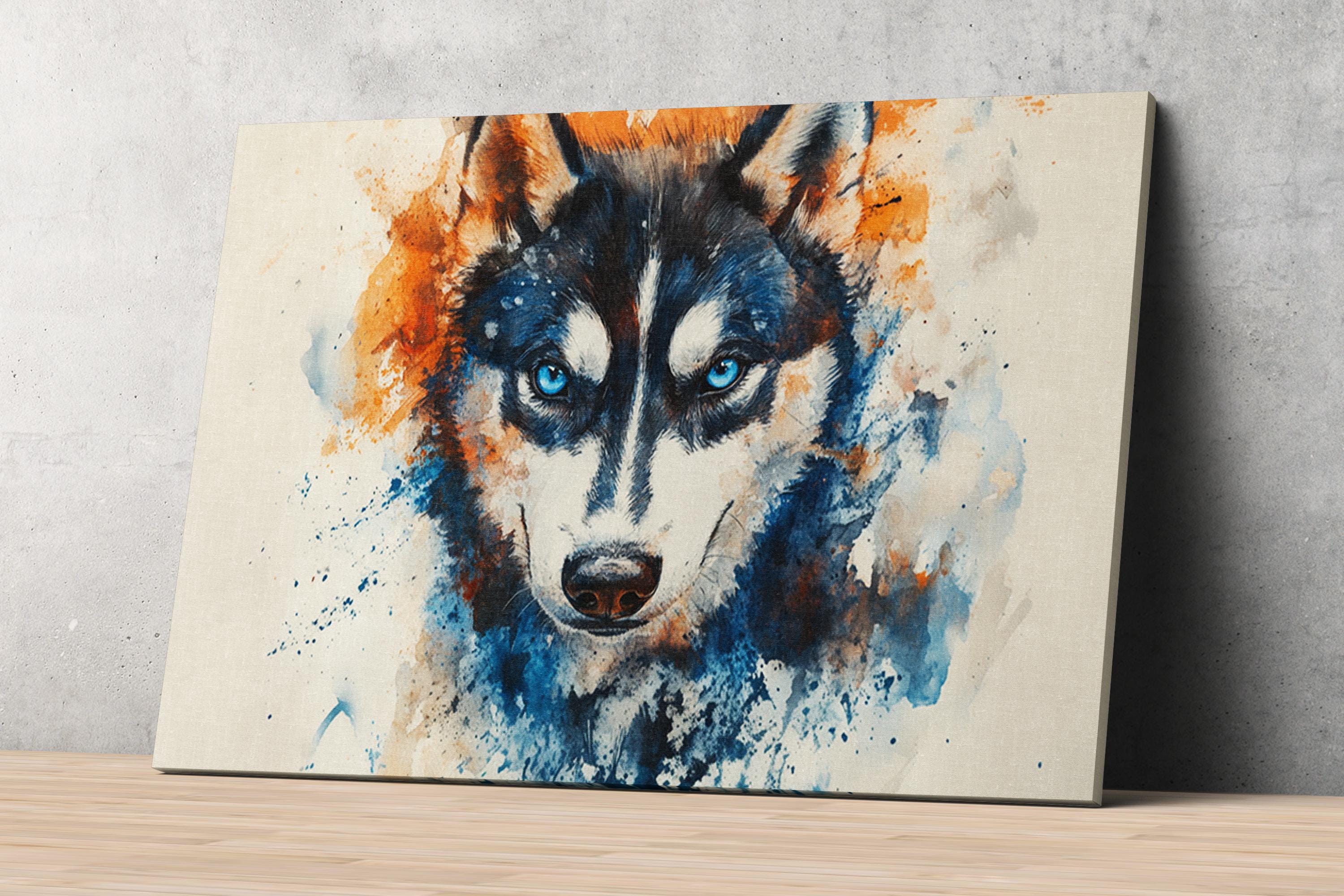 The image is a painting of a husky dog with striking blue eyes and a black and white face, set against a background of orange and blue splatters.