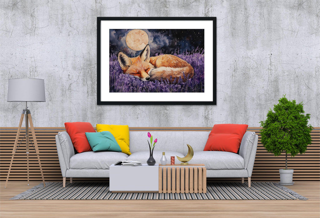 a cozy living room with a gray sofa adorned with colorful pillows, a wooden coffee table, and a framed painting of a sleeping fox in a field of purple flowers hanging on the wall above the sofa.