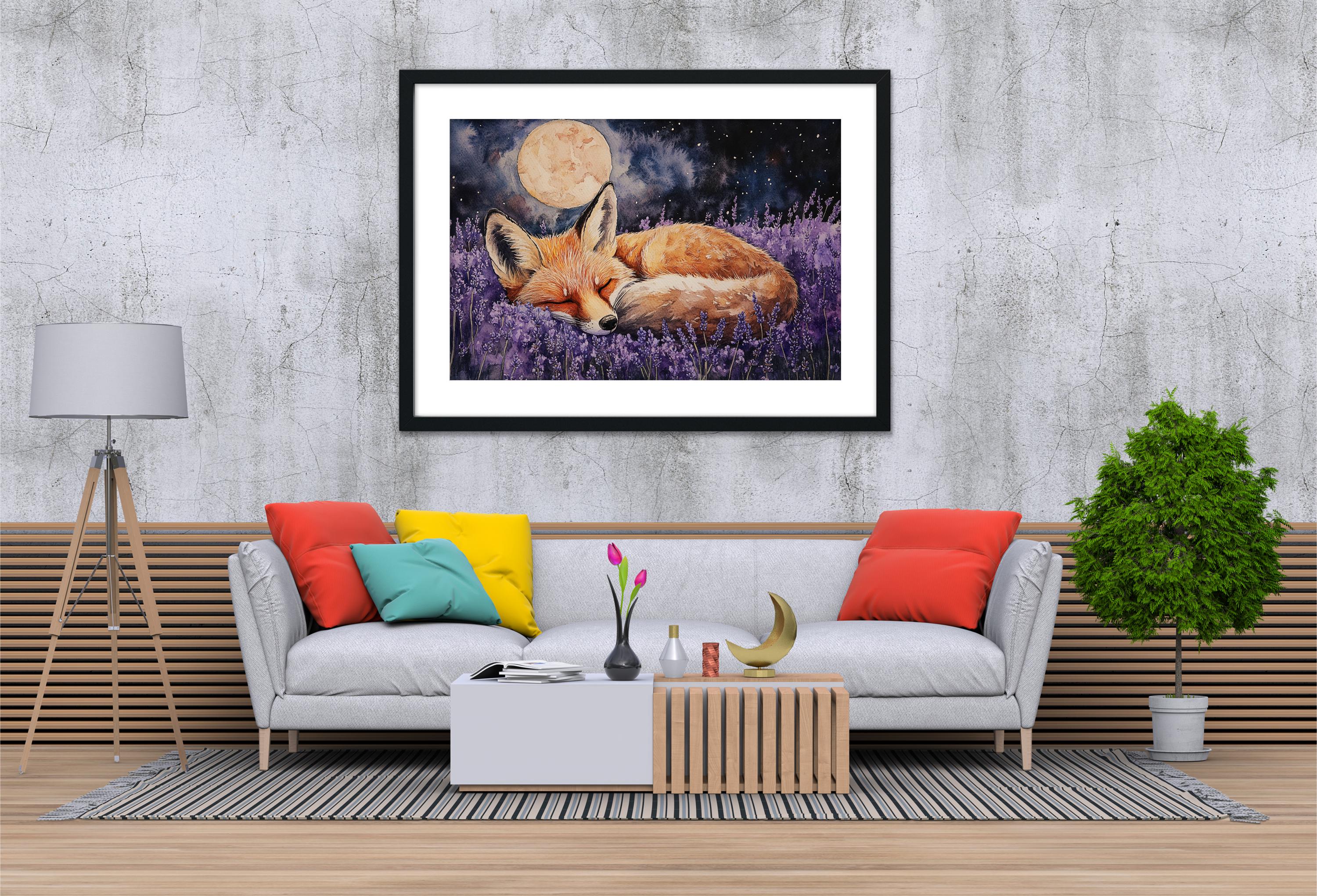 a cozy living room with a gray sofa adorned with colorful pillows, a wooden coffee table, and a framed painting of a sleeping fox in a field of purple flowers hanging on the wall above the sofa.